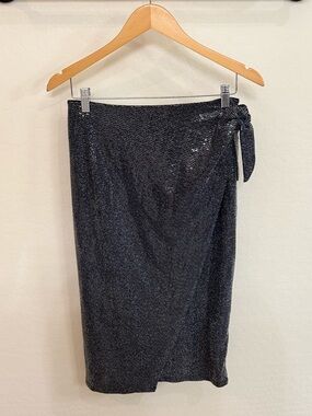 AllSaints Allegra Shimmer Wrap Skirt Black Metallic Side Tie Size 10